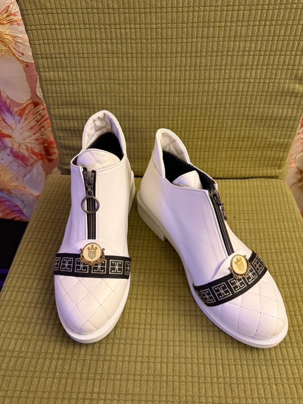Miss Me White Quilted Ankle Booties with Black Strap and Gold Medallion